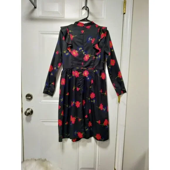 Weekend Black Floral Whimsy Goth Floral Twee Long Sleeve Dress S With Ruffle - Picture 6 of 13